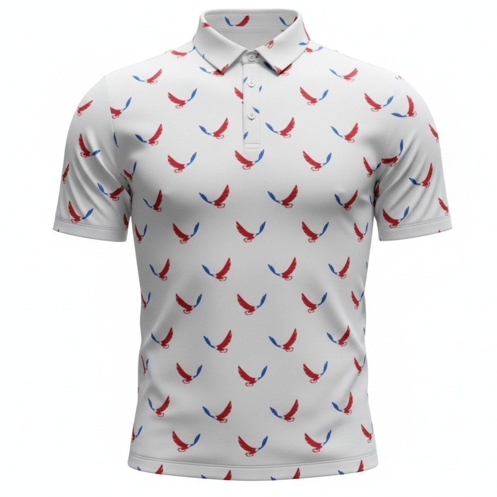 Yatta Golf Polo Shirt Mens XXL White Red Blue Eagle Print Performance Stretch - Picture 1 of 9